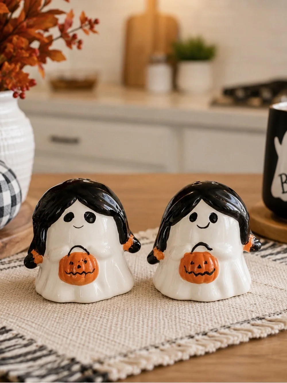 Ceramic Ghost Halloween Salt & Pepper Shakers - White & Orange
